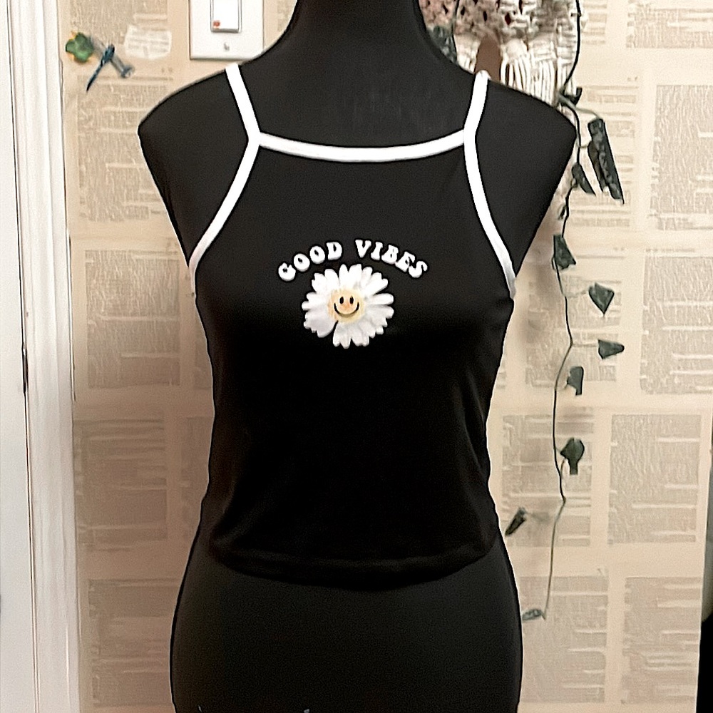 cropped black “good vibes” noodle strap tank